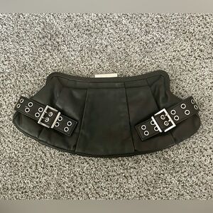 CHARLES DAVID Black Leather Frame Clutch Silver Buckle Detail Edgy Punk Moto